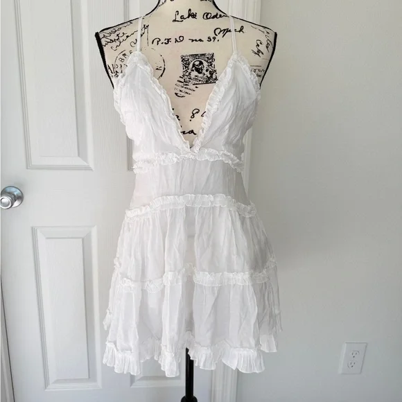 Polly Drawing Swing Dress White Ruffles Plunge Babydoll Sz 6 Flowy Fairy Core - Picture 8 of 16